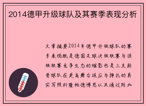 2014德甲升级球队及其赛季表现分析