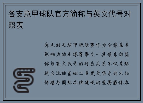 各支意甲球队官方简称与英文代号对照表
