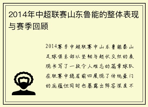 2014年中超联赛山东鲁能的整体表现与赛季回顾